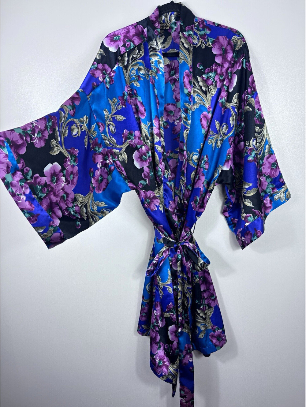 Solange Satin Kimono Robe Belted Baroque Floral Print Sz 22/28